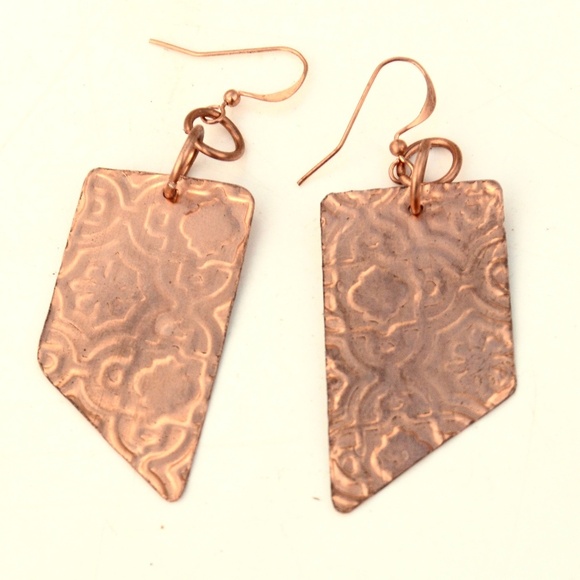 Minimal Moroccan Embossed Solid Copper Earrings Handmade Boho Gift Statement - Picture 1 of 4